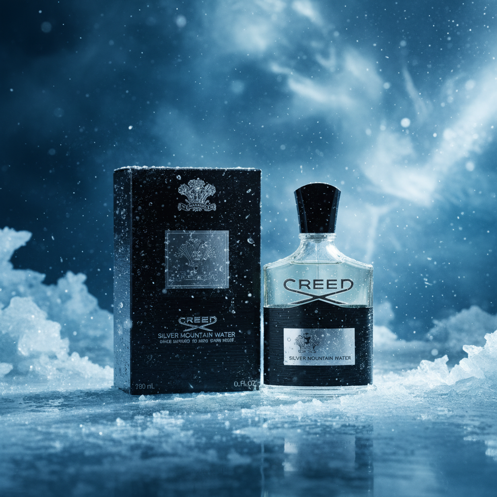 Creed Silver Mountain Water perfume bottle with icy bCreed Silver Mountain Water Eau de Parfumlue frost background