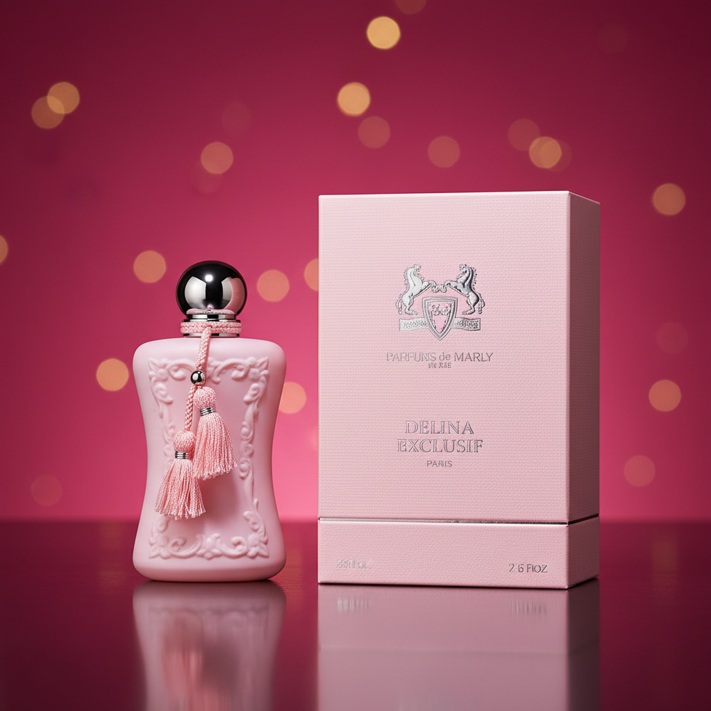 Parfums de Marly Delina perfume bottle with dramatic roParfums de Marly Delina Eau de Parfumse pink background