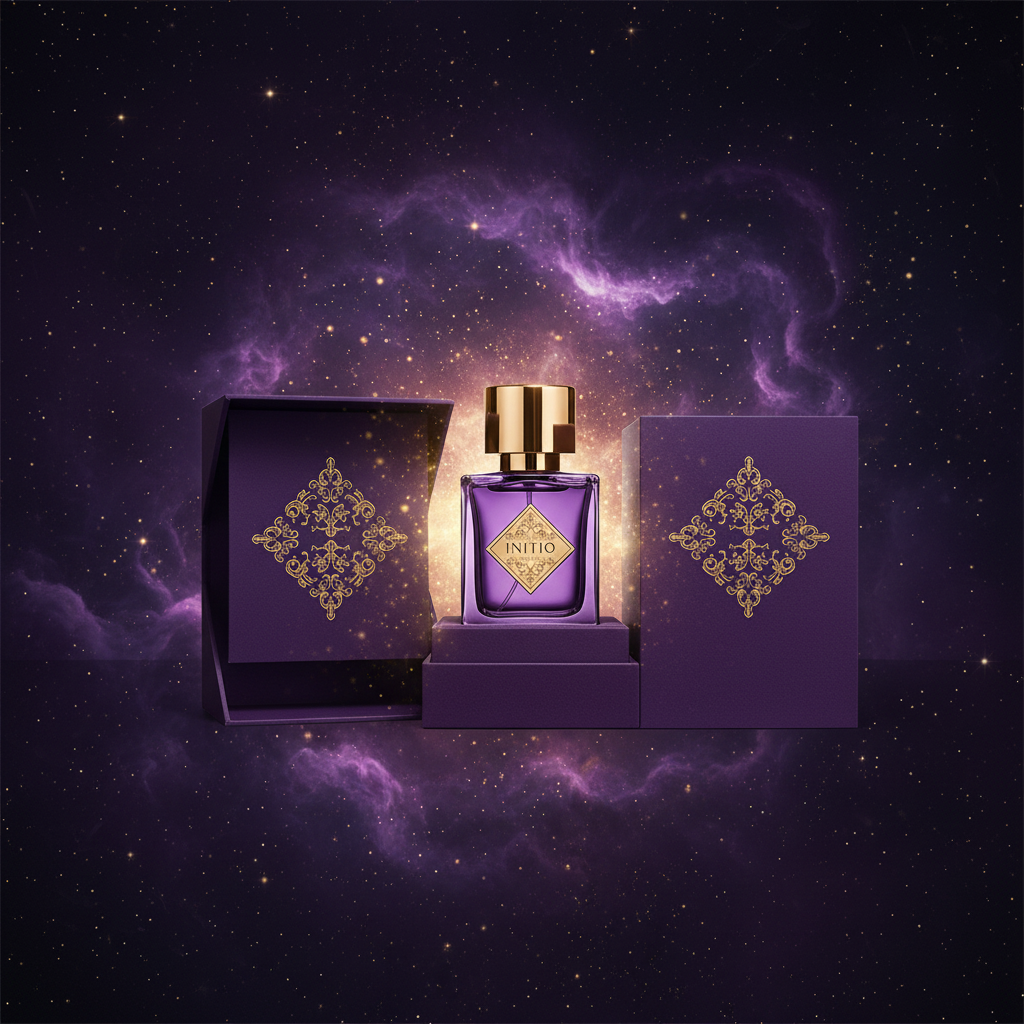 Initio Parfums Prives Side Effect perfume bottle with cosmic puInitio Parfums Prives Side Effect Eau de Parfumrple nebula background