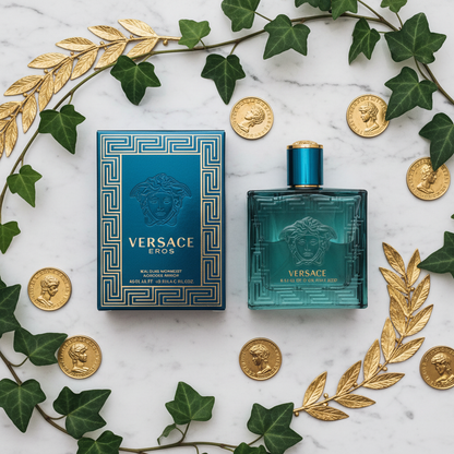 Versace Eros perfume bottle on white marble with gold laurel leaves and ivVersace Eros Eau de Toilettemasculine strength y vines