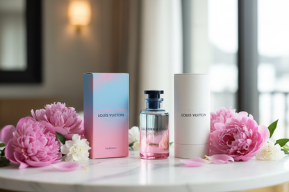 Cœur Battant LV — marble lifestyle with peonies