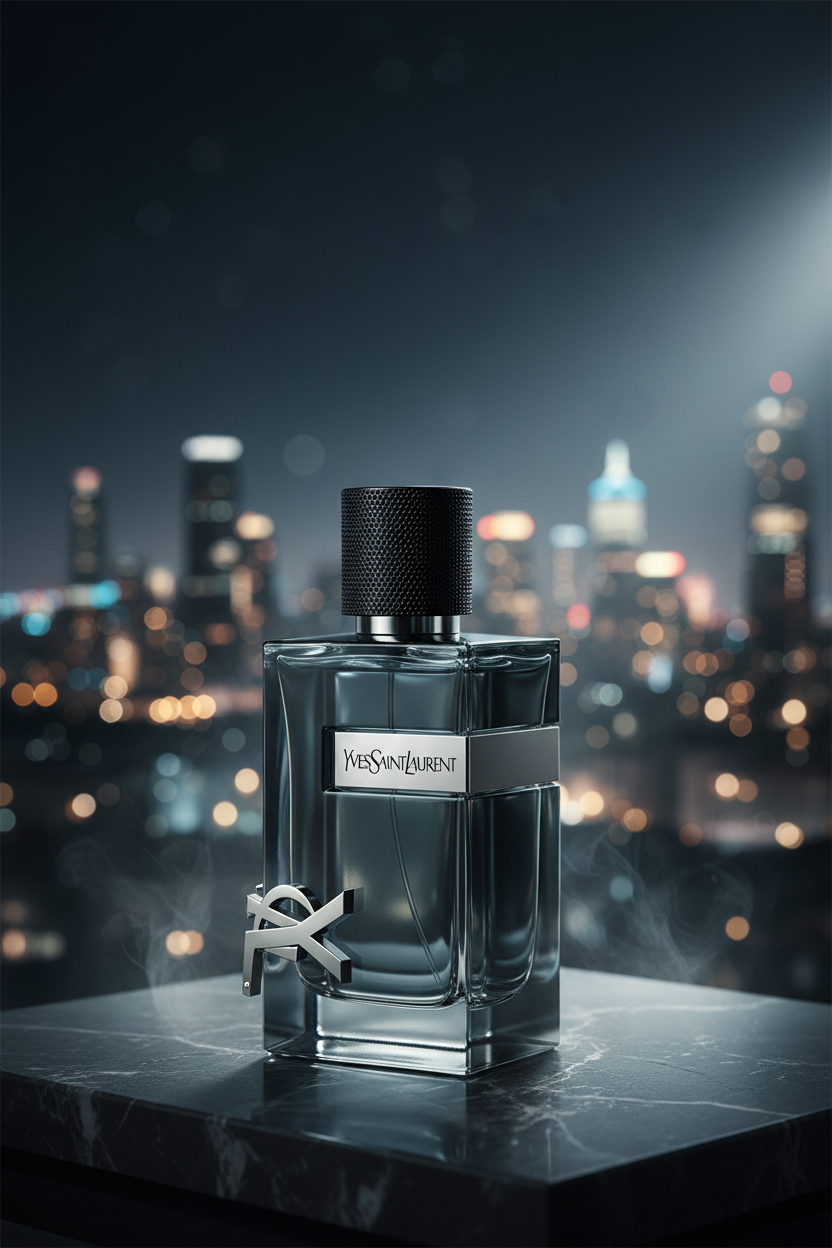 Yves Saint Laurent Y perfume bottle on urban rooftop at night with cityYves Saint Laurent Y Eau de Parfum lights