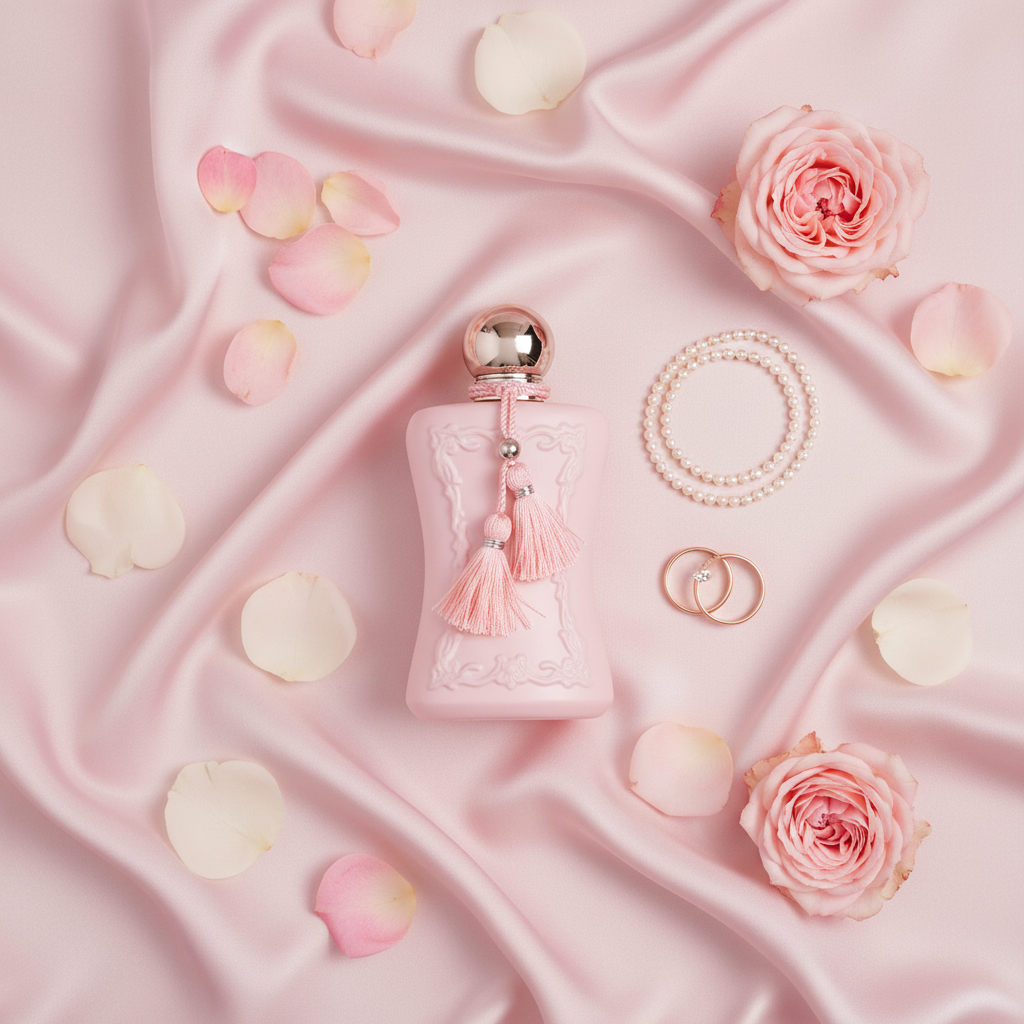 Parfums de Marly Delina perfume bottle on blush pParfums de Marly Delina Eau de Parfumink silk with rose petals and pearls