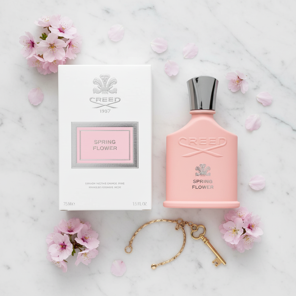 Creed Spring Flower — flat lay on white marble