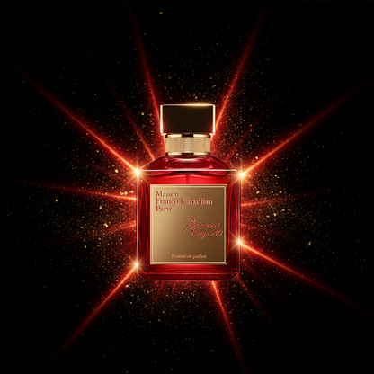 Baccarat Rouge 540 perfume bottle with dMaison Francis Kurkdjian Baccarat Rouge 540 Eau de Parfumramatic black background and gold dust