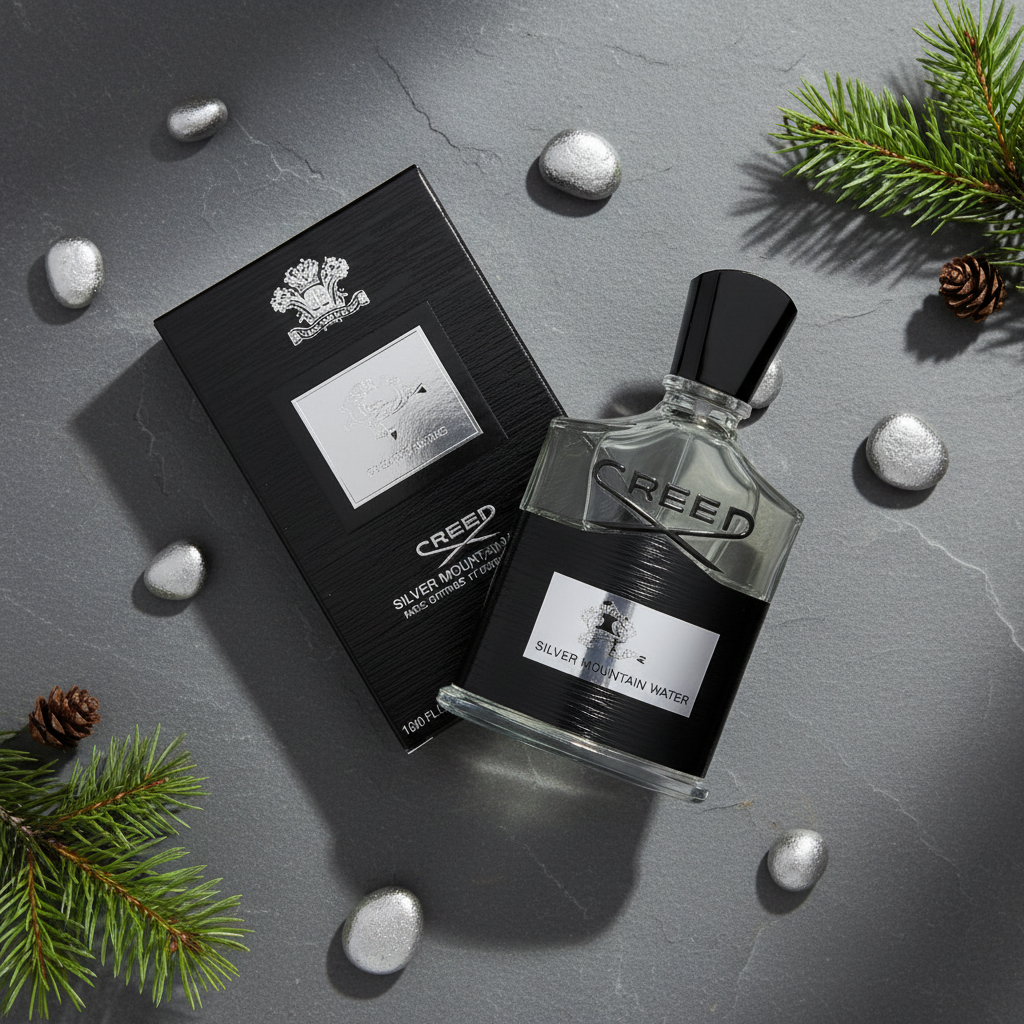 Creed Silver Mountain Water perfume bottle on grey sCreed Silver Mountain Water Eau de Parfumlate with pine branches